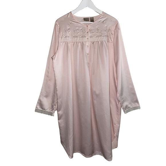 Kim Rogers Vintage Light Pink Satin Nightgown XL Lace Trim Embroidery 90s Era - Picture 1 of 9